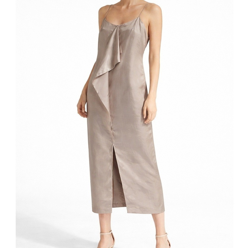 NEW Champagne‎ Satin Midi Dress Draped Ruffle Slip Cocktail Evening Size 14